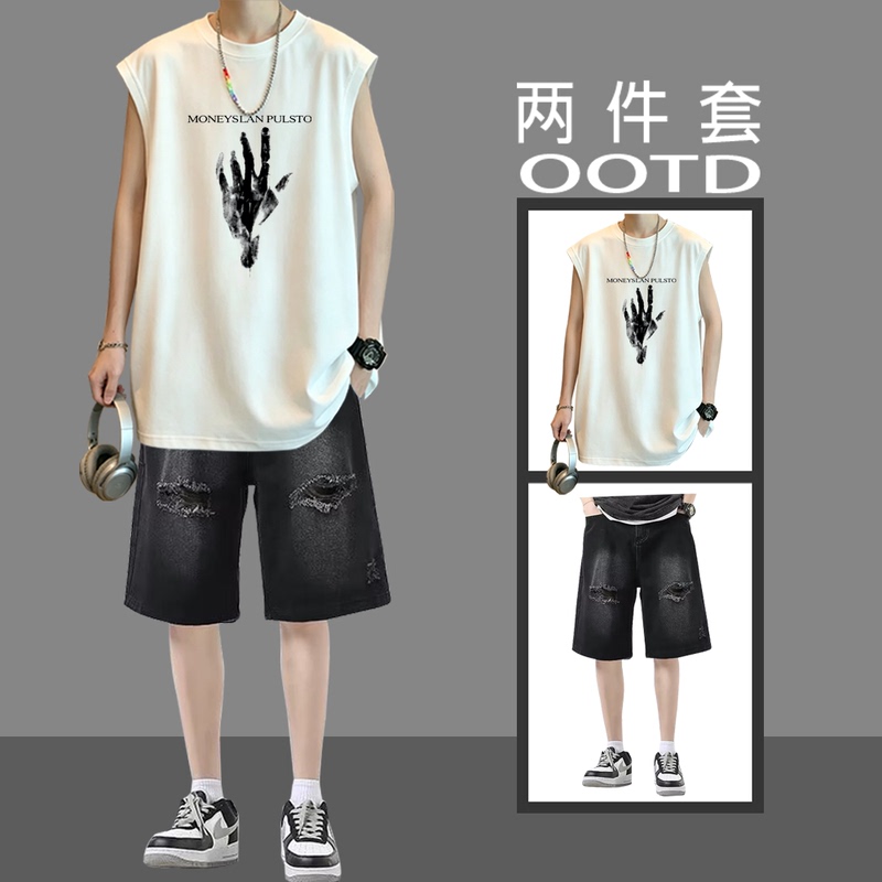 Summer Sleeveless T-Shirt Set for Men, Trendy and Stylish, American-Style Pure Cotton Casual Vest Paired with High-Street Denim Shorts