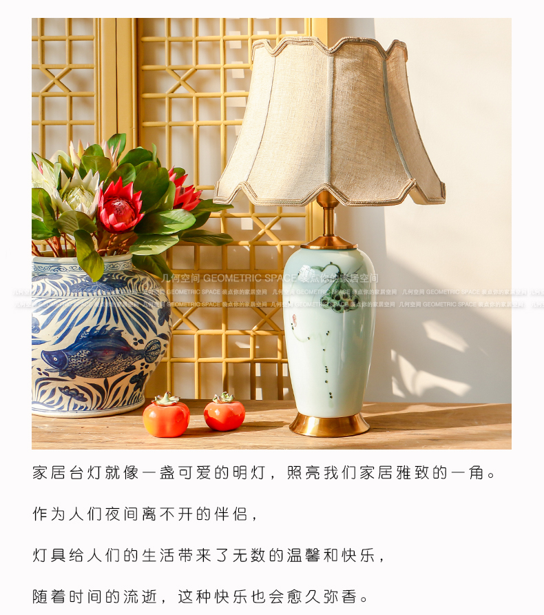 New Chinese style shadow blue lotus ceramic desk lamp hand - made Chinese wind restoring ancient ways home warm sitting room place of bedroom the head of a bed