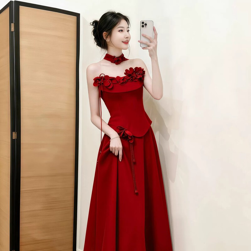 Bridal Toast Dress, Strapless Burgundy 2026 New Style, High-End Light Luxury Floral Wedding Morning Gown, Engagement Evening Dress