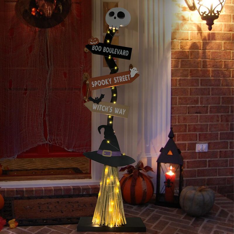 Halloween Decorations Wooden Porch Witch Broom Glowing Pumpkin Ghost Ornaments Shop Atmosphere Scene Setup