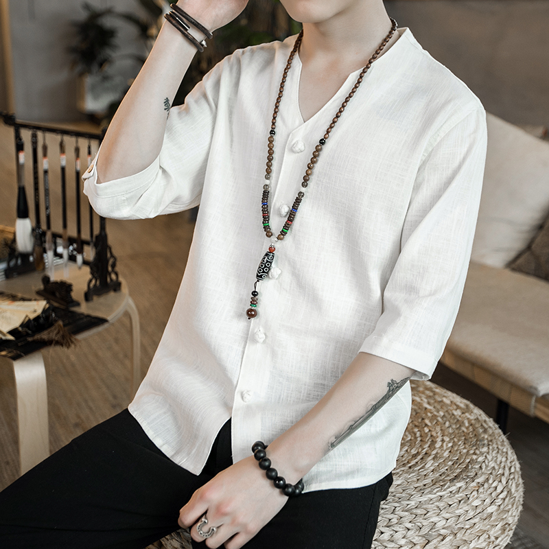 Improved Hanfu linen short-sleeved men's Chinoiserie loose antique Tang dynasty plate buckle cotton hemp V-neck cropped sleeve shirt summer