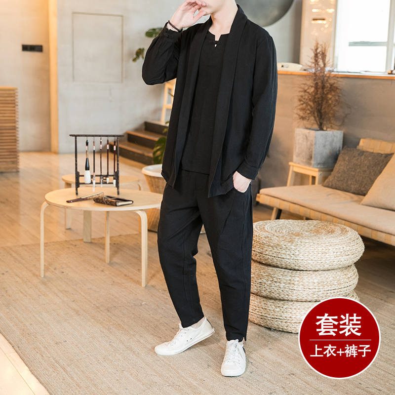 Linen Leisure Long-sleeved T-shirt Set Men Chinese Chinese style Chinese style of two pieces of sweater loose leisure