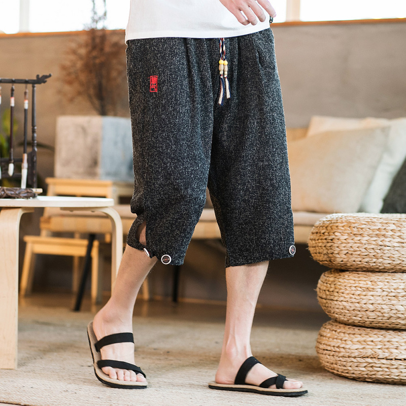 Summer China Wind Men's Clothing Loose Linen Seven Pants Men Thin Ice Silk Shorts Broadlegged Pants Kharen Pants Trend