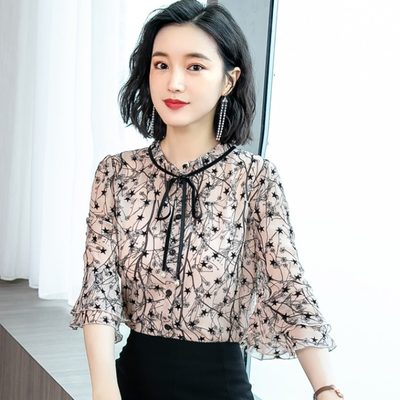 Floral Chiffon Shirt Ladies Middle-aged Mom Summer Dress Top Western Style Fashion Temperament Short Sleeves With Wide Leg Pants Small Shirt