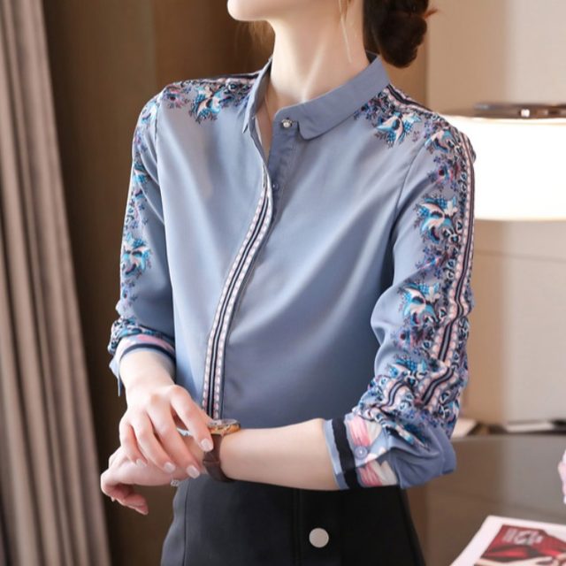 Silk ladies shirt design sense niche spring 2023 new retro printing temperament long-sleeved mulberry silk top