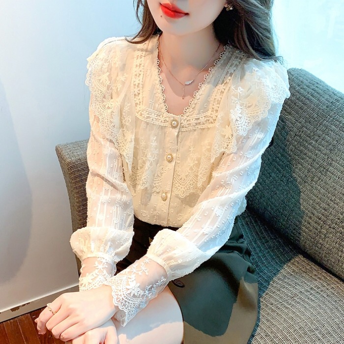 Korean Style Tops, Sweet and Ethereal Lace Shirts, Autumn Women's 2026 New Design Niche Long-Sleeved Shirts