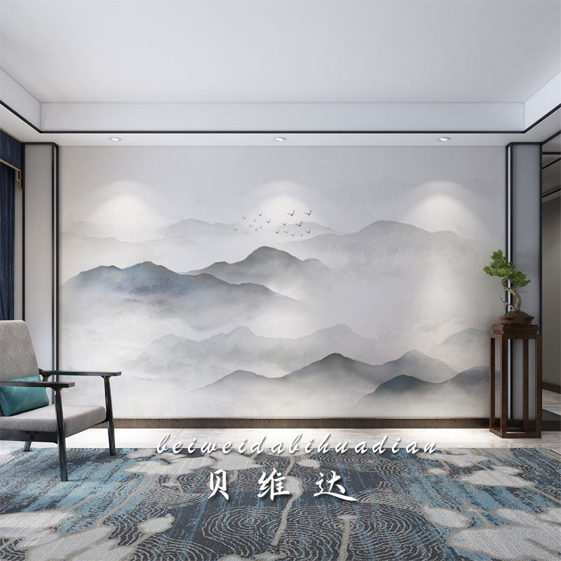 中式水墨画墙纸山水沙发电视背景墙布意境中国风禅意客厅茶室壁纸