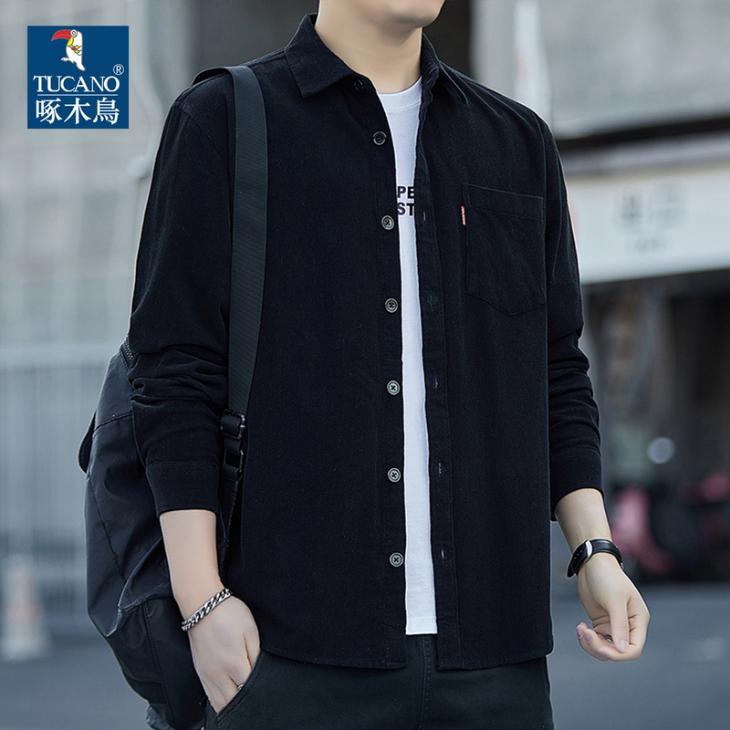 Woodpecker Men's Black Corduroy Shirt Jacket, Spring and Autumn Men's Pure Cotton Loose Casual New Style Top