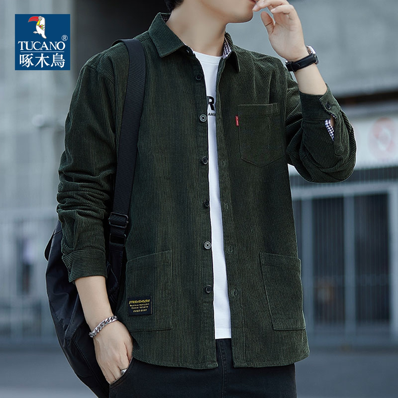 Woodpecker Corduroy Jacket Shirt Men's Spring and Autumn Long-Sleeve Top Pure Cotton Casual Multi-Pocket Work Shirt