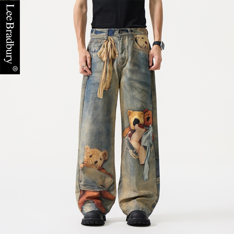 Lee Bradbury American Trendy Brand Teddy Bear Luxury Print Bear Loose Straight-Leg Jeans Unisex Lee Bradbury American Trendy Brand Teddy Bear Luxury Print Bear Loose Straight-Leg Jeans Unisex