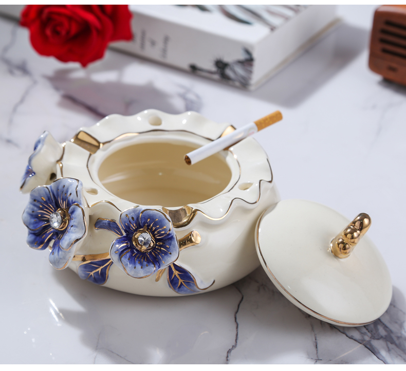 European new royal blue name plum flower series European ceramic ashtray sitting room adornment bedroom with cover the ashtray furnishing articles