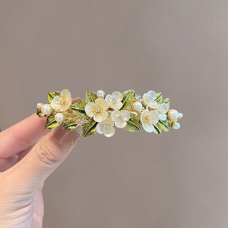 2025 Spring New Pearl Shell Flower Hair Clip Medium Rhinestone Spring Clip Elegant Ponytail Hairpin