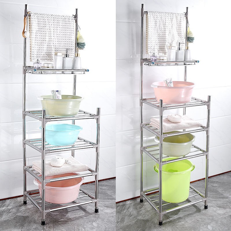 Thickened and bold stainless steel washbasin rack bathroom powder room rack floor-to-ceiling multi-layer household towel storage rack