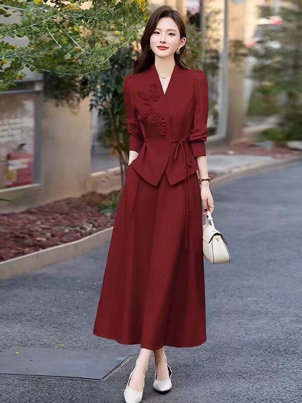 Itmoosi Red Wedding Banquet Suit for Women, Spring and Autumn Elegant Waist-Cinching Top and Skirt Two-Piece Set