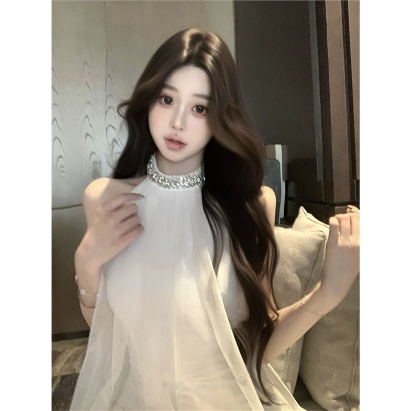 White Fairy-Like Halterneck Dress with Rhinestones for Women, 2026 Spring/Summer New Lace Embroidered Mesh Sleeveless Short Dress