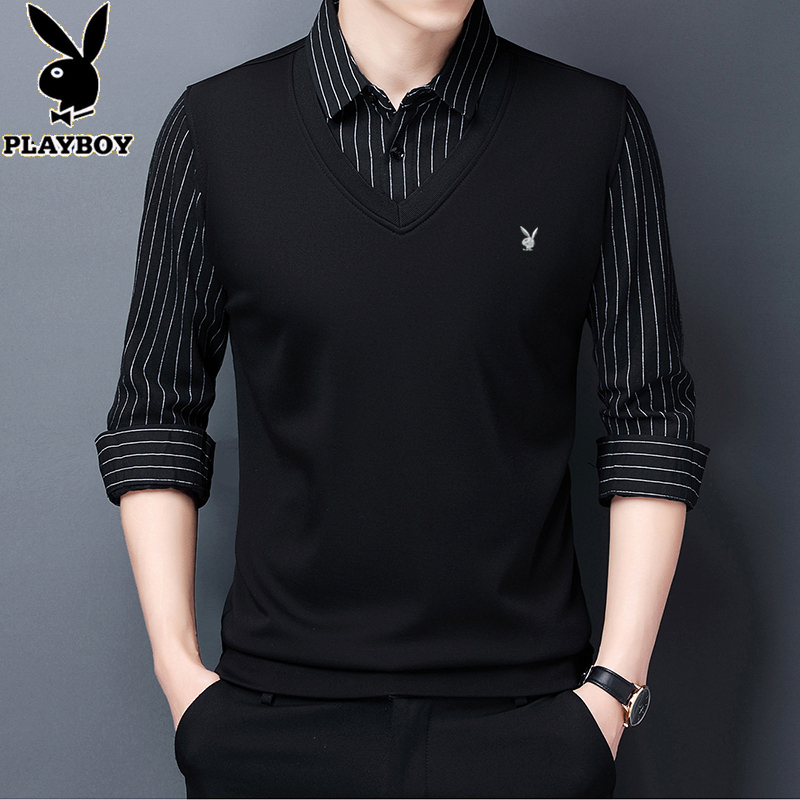 Playboy Fake Two-Piece Shirt Men's Autumn New Long-Sleeved Fake Collar Casual Pure Cotton Bottoming Shirt Men's Top