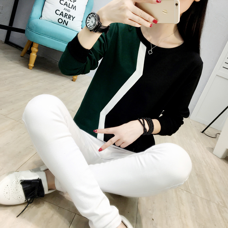 Mùa thu 2018 phiên bản Hàn Quốc mới của quần lửng size rộng mùa thu quần áo dài tay áo thun nữ mùa thu áo phông có cổ nữ