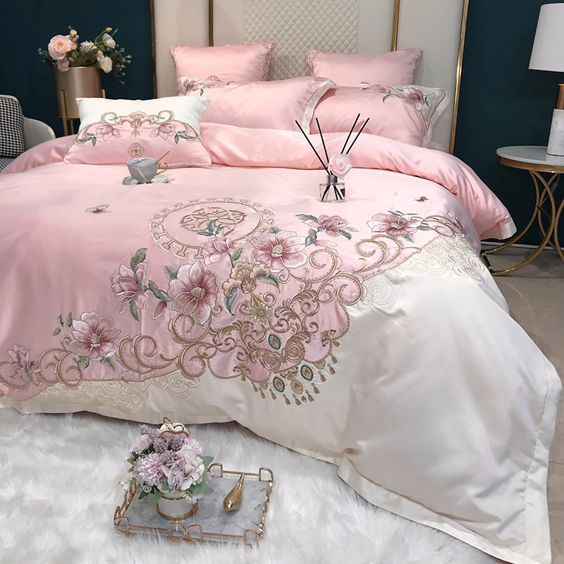 Pink Three-dimensional Flower Embroidery Cotton Four-piece Set 100 Cotton Wedding Tencel Quilt Cover Bedding