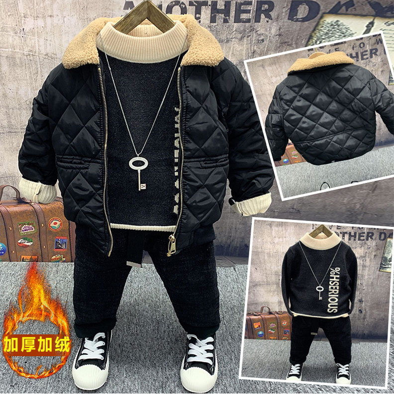 Boys ' cotton suit velvet thickened 5 children's winter clothes Western style 2 clothes three-piece suit Handsome baby tide 4-year-old 7 cotton clothes