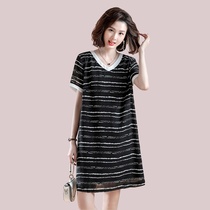 Large size dress Korean version of long loose casual 2021 summer dress new stripe stitching slim chiffon skirt