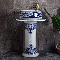 Hand painted green flower upright post style washbasin Chinese art ceramic washbasin imitation retro-floor-type integrated hand wash pool