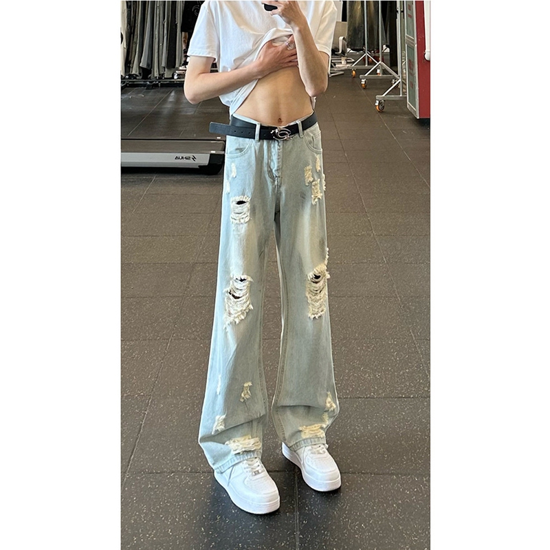 Light Blue Ripped Front and Back Jeans for Men, Summer Thin Vibe Pants, Youth Commuter Washed Straight-Leg Flared Pants