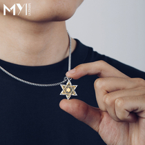 Six-star necklace male sterling silver boy with pendant trembles Korean version of personality hip-hop tide retro Joker pendant