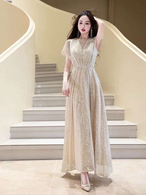 European and American Style Summer Champagne-Colored Evening Dress for Women, Light Luxury Niche High-End Sequin Bridesmaid Dress, Coming-Of-Age Ceremony Host Dress European and American Style Summer Champagne-Colored Evening Dress for Women, Light Luxury Niche High-End Sequin Bridesmaid Dress, Coming-Of-Age Ceremony Host Dress