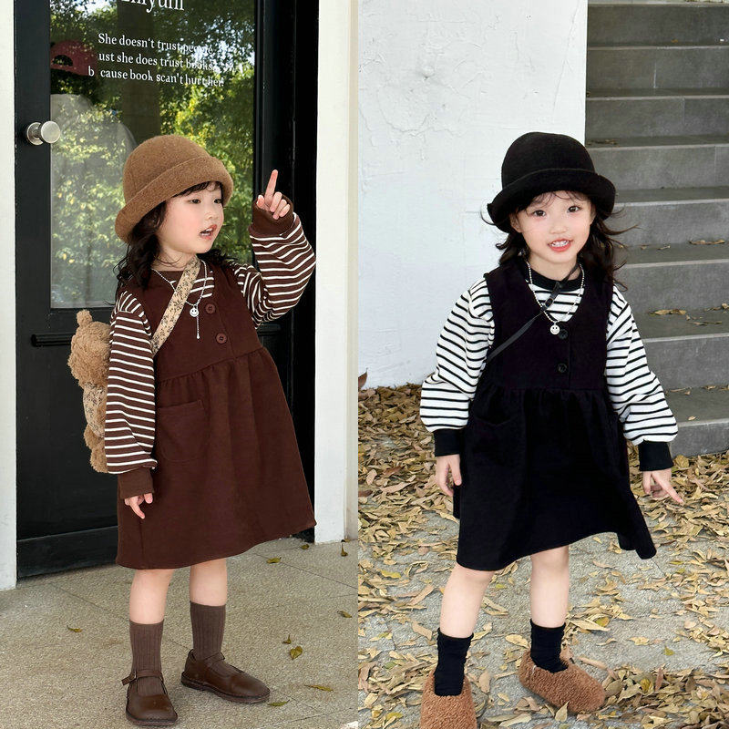 Child Clothing Girl Suit 2023 Autumn Winter Dress New Children Streaks Long Sleeve Sweater Light Core Suede Baby Vest Skirt-Taobao