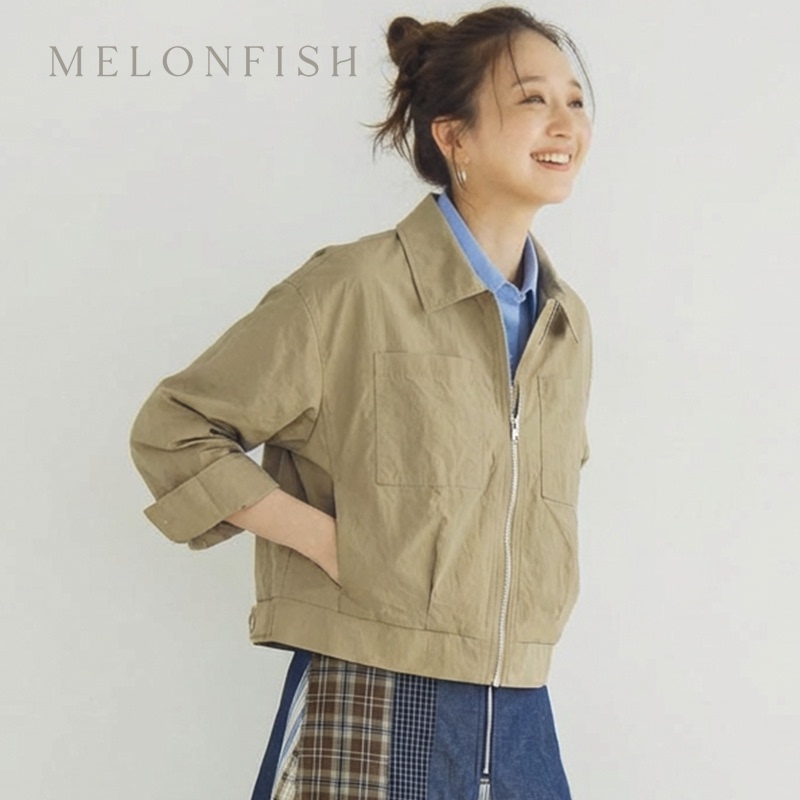 Watermelon Fish Melofish Khaki Waterproof Nylon Jacket Spring New Original Lapel Zipper Short Jacket