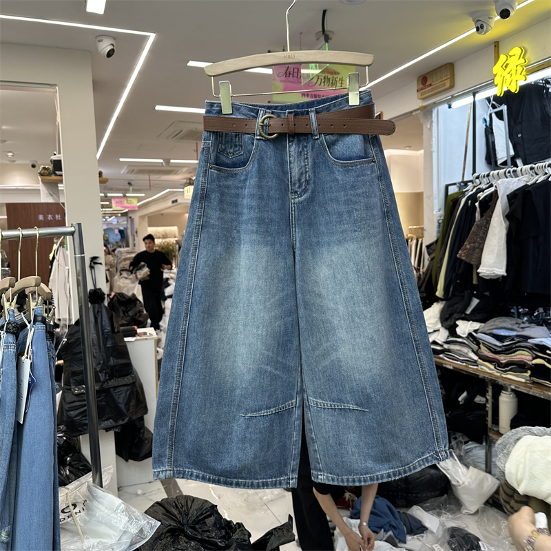 European Goods 8782 Genuine 2026 Summer New Style with Belt Gradient Washed Patchwork Wide-Leg Pants Denim Cropped Pants for Women