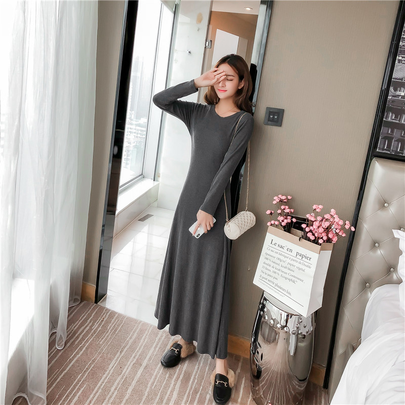 Thu đông 2018 phiên bản Hàn Quốc của khí chất mới dài tay Slim mỏng dài mảnh đáy váy váy dài Một váy chữ váy chữ a cho người béo