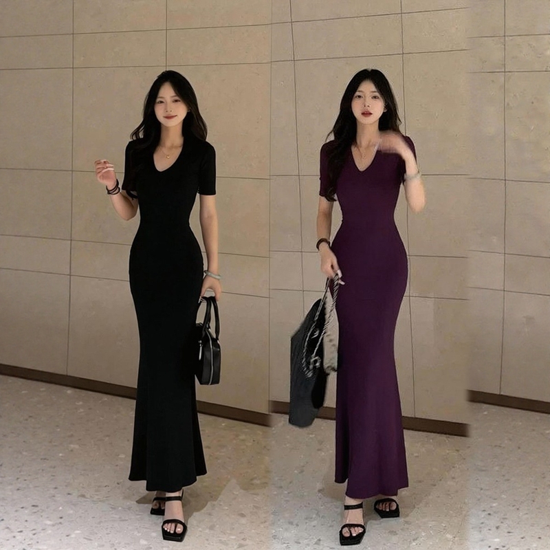【High-Quality Cotton】Grape Purple French-Style Waist-Cinching Bodycon Fishtail Dress 2026 Spring/Summer New Slim-Fit Long Dress
