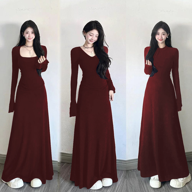 [Christmas and New Year Outfit] Ankara Red 2025 Autumn/Winter Slim Fit Long Dress for Women, Waist-Cinching and Slimming Maxi Dress