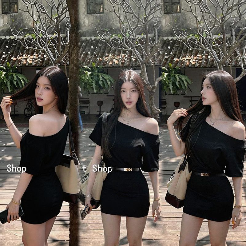 [with Belt] Black Off-Shoulder Batwing Sleeve Dress with a Fitted Waist and Hip-Hugging Silhouette, in a Mature and Elegant Style for Women