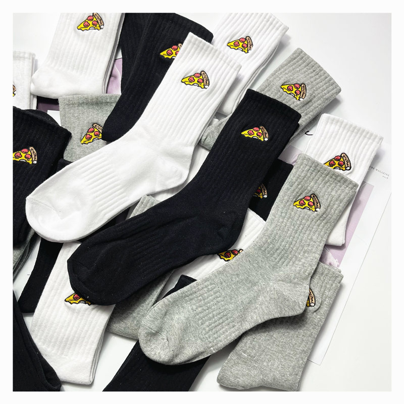 Ins Japanese Version Trendy Brand Cartoon Pizza Burger Embroidered Socks Retro Outdoor Wear Unisex Sports Mid-Tube Pure Cotton Socks