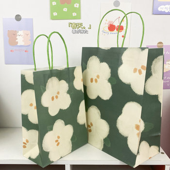 Xiaohongshu's Same Style Retro Green Large Flower Small Fresh ins Simple Kraft Paper Bag Gift Bag High-Value Satchel