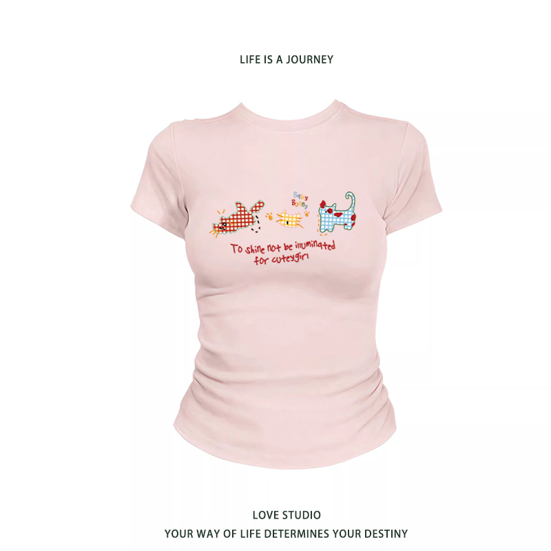 Pink Round-Neck, Regular Shoulder, Short-Sleeve T-Shirt for Women, 2026 Summer New Style, American Slim-Fit, Flattering, Sweet and Spicy Girl Waist-Cinching Top