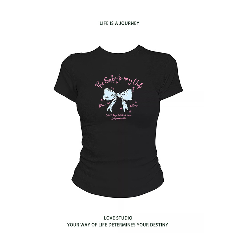 Rosepuppy Graffiti Hand-Painted Bow Short-Sleeved Regular Shoulder T-Shirt for Women, Summer Trendy Brand, Waist-Cinching, Slimming, Hot Girl Top