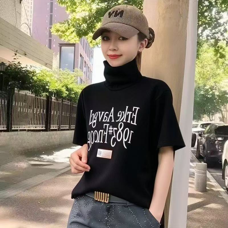 European and American Fashion High-Neck Short-Sleeve T-Shirt for Women, Spring and Autumn Loose Fit, Age-Reducing Print, Versatile Half-Sleeve Women's Base Shirt Top