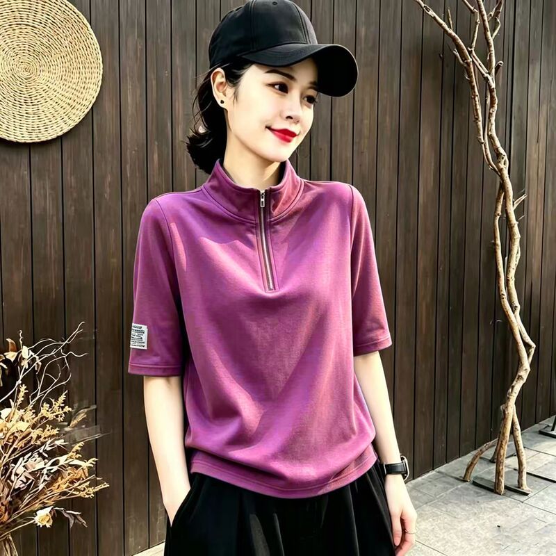 Sweet and Cool Fashion Summer New Style Stand-Up Collar Zipper Mid-Sleeve T-Shirt for Women Outdoor Sports Loose Age-Reducing Half-Zip Top