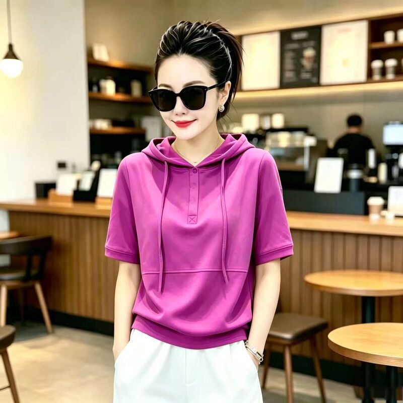 Fashion Hot-Selling Patchwork Summer Loose Hooded Short-Sleeve T-Shirt for Women, Slimming and Age-Reducing New Versatile Hoodie Top for Women