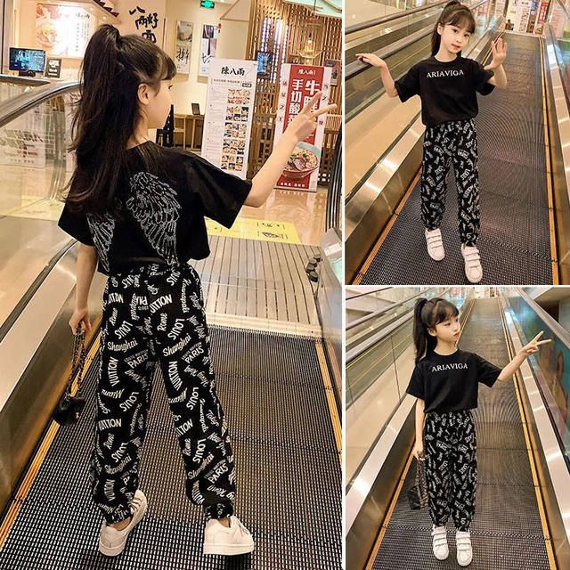 Girls summer suit 2023 summer new black short-sleeved long pants fashionable western style little girl two-piece thin