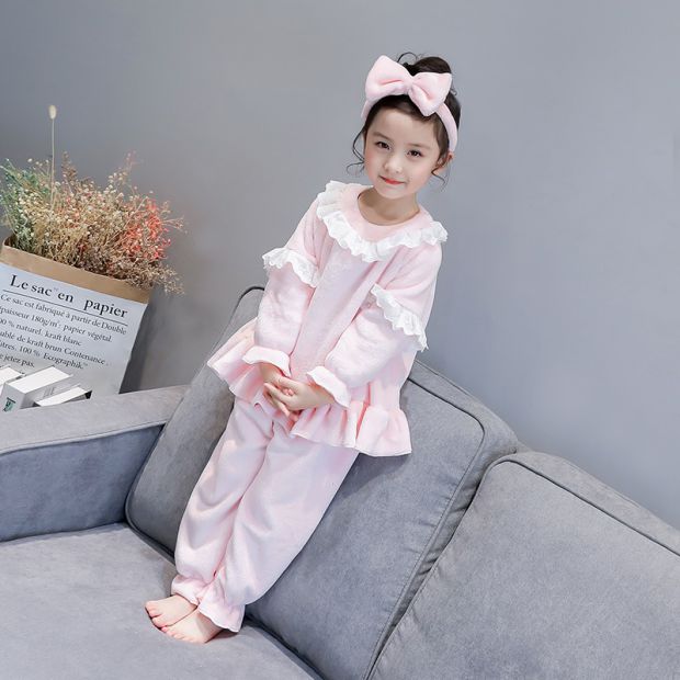 Mùa thu và mùa đông cô gái flannel đồ ngủ cô gái bé dày san hô lông cừu phù hợp với cô gái nhỏ dịch vụ nhà + headband quần lót trẻ em