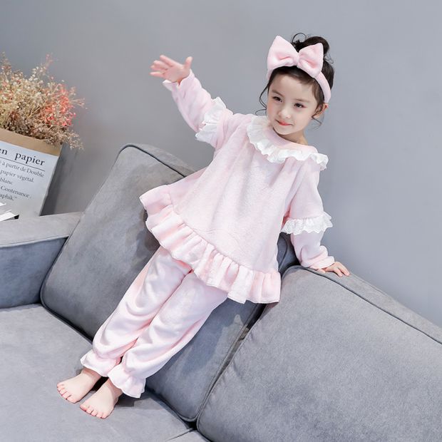 Mùa thu và mùa đông cô gái flannel đồ ngủ cô gái bé dày san hô lông cừu phù hợp với cô gái nhỏ dịch vụ nhà + headband quần lót trẻ em