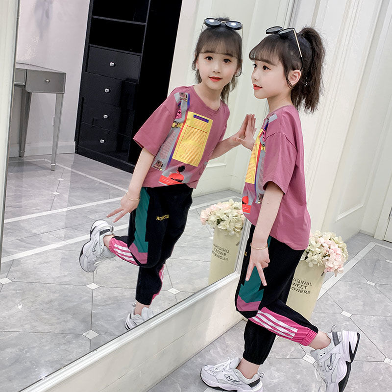 Net Red Two Sets Girls Suit Summer Dress 2022 New Foreign Gends Middle School Children's Summer Children Suit Fashion Girl Tide