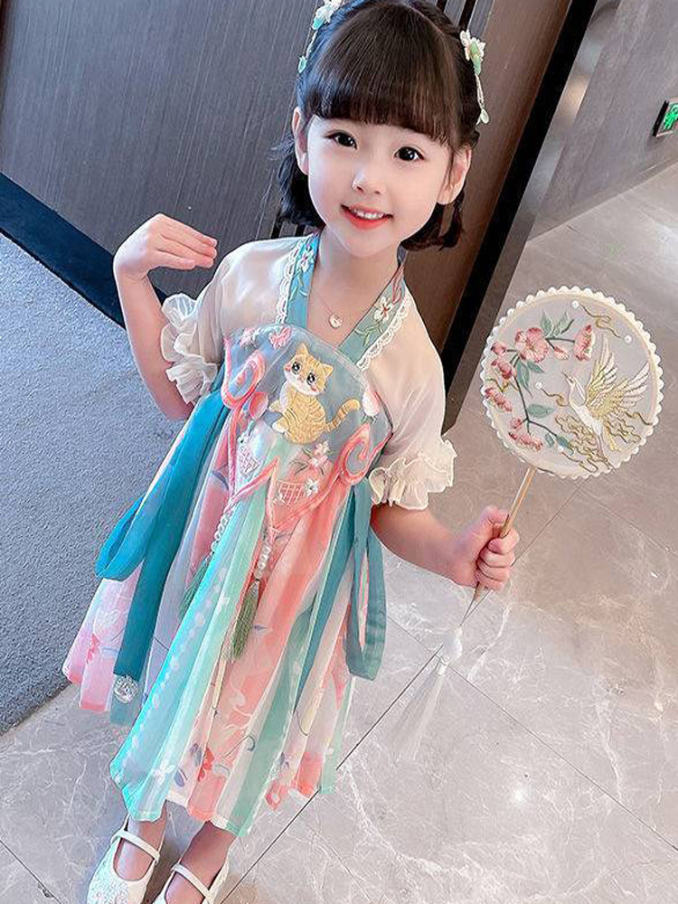 китайский костюм 女童连衣裙中国风女孩旗袍2025新款夏装儿童汉服演出服宝宝公主裙 OTHER
