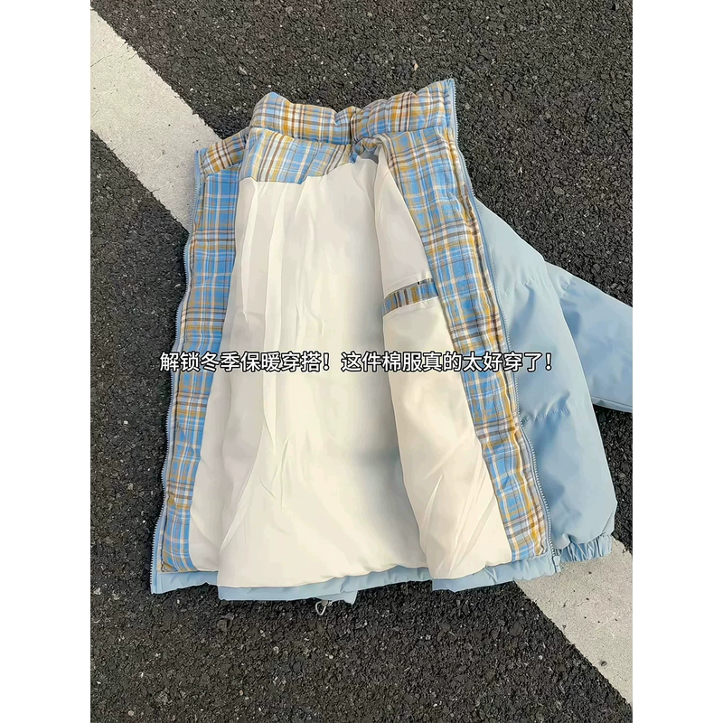 Light Blue Lightweight down Jacket, New Winter Style, American-Style Plaid Patchwork Coat, Stylish Couple's Puffer Jacket Light Blue Lightweight down Jacket, New Winter Style, American-Style Plaid Patchwork Coat, Stylish Couple's Puffer Jacket