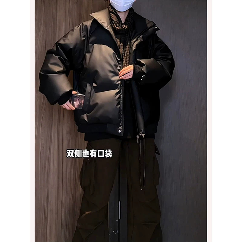 Black Stand-Up Collar Pu Leather down Jacket for Men, Winter Cleanfit Waterproof Thickened American Style Trendy Brand Embroidered Cotton Coat for Men Black Stand-Up Collar Pu Leather down Jacket for Men, Winter Cleanfit Waterproof Thickened American Style Trendy Brand Embroidered Cotton Coat for Men