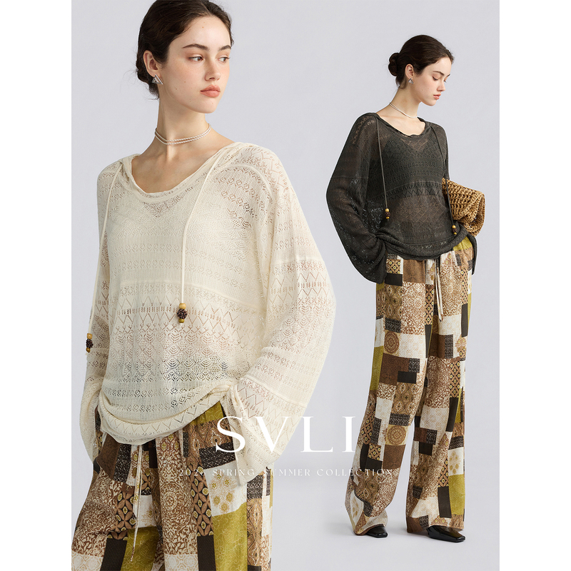 Svli｜'Pinecone Fantasy' Retro Casual Hollow-Out Wooden Pinecone Bell-Shaped Hooded Knitted Long-Sleeve Cover-Up